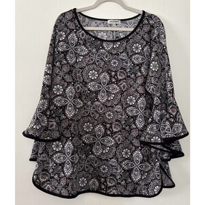 Once Again Colorful Paisley Pullover Top Flounce Ruffle 3/4 Sleeve Womens XL NWT